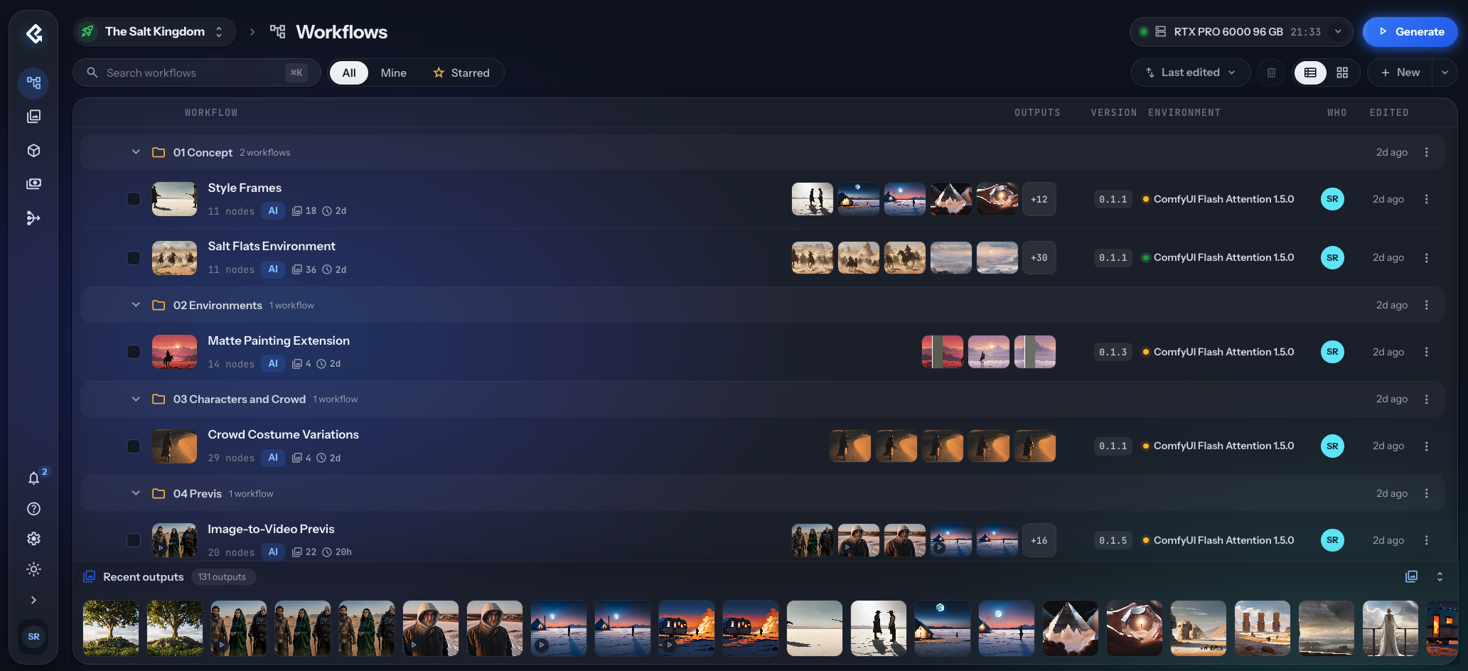 The EngineLab AI Workflows view for a project, listing workflows grouped into folders with their recent outputs, version, ComfyUI environment and owner, above a strip of recent outputs.