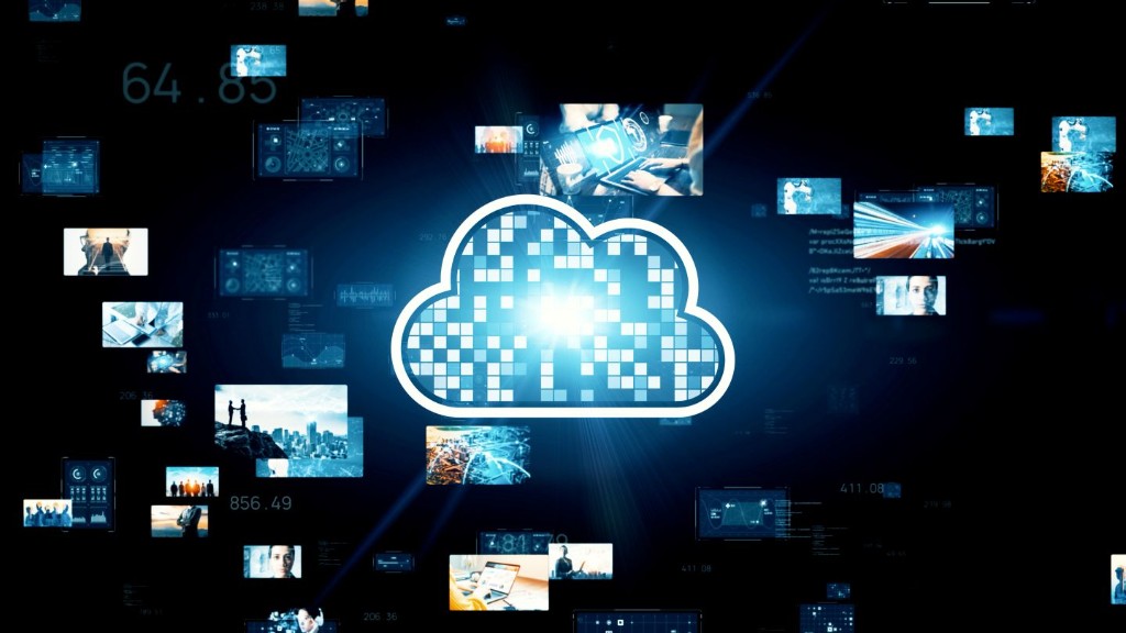 A glowing pixelated cloud icon at the centre of a dark blue digital space, surrounded by floating screens of photos, charts and data.