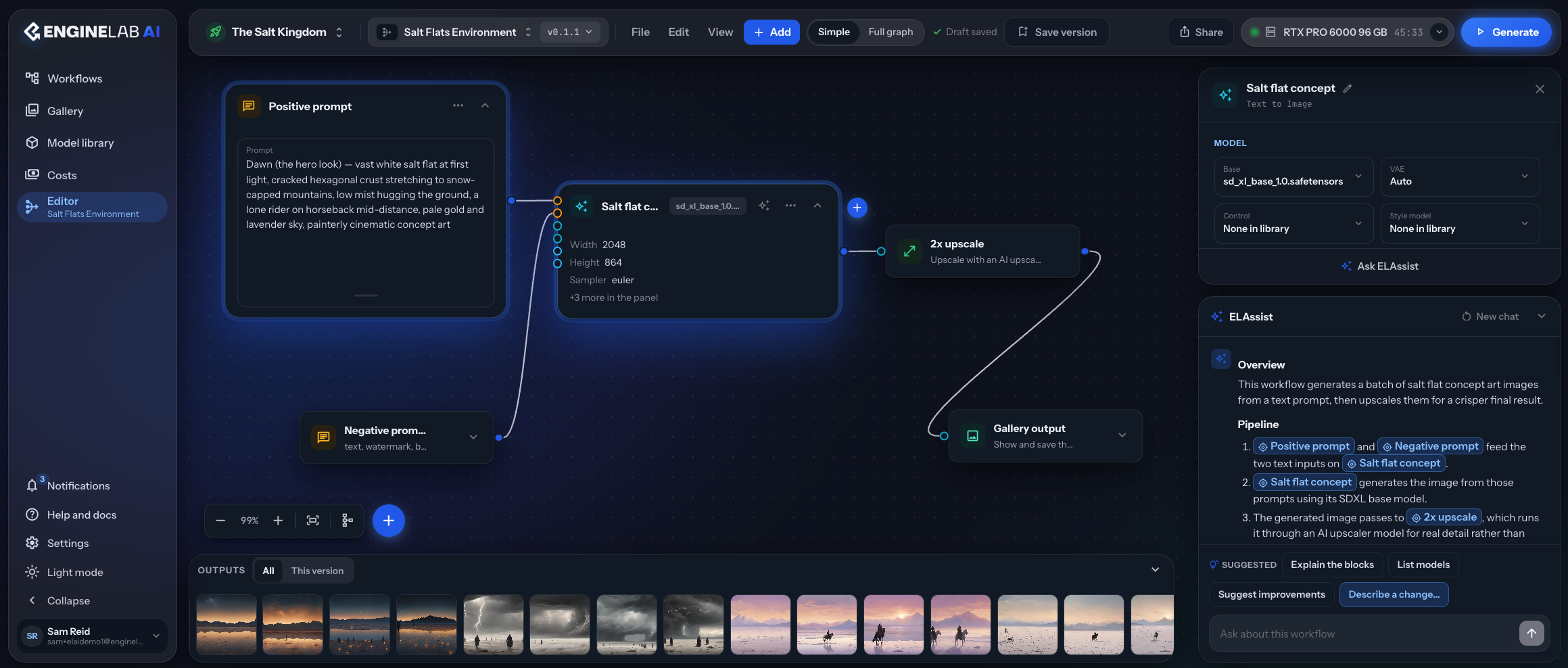 The EngineLab AI workflow editor showing a text-to-image node graph for a salt flat concept, with the ELAssist panel explaining the pipeline and a strip of generated outputs below.