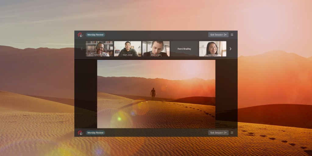 A Sohonet ClearView Flex remote review session called Monday Review, with a strip of participant video tiles above a large playback window showing a figure walking across desert dunes at sunset.